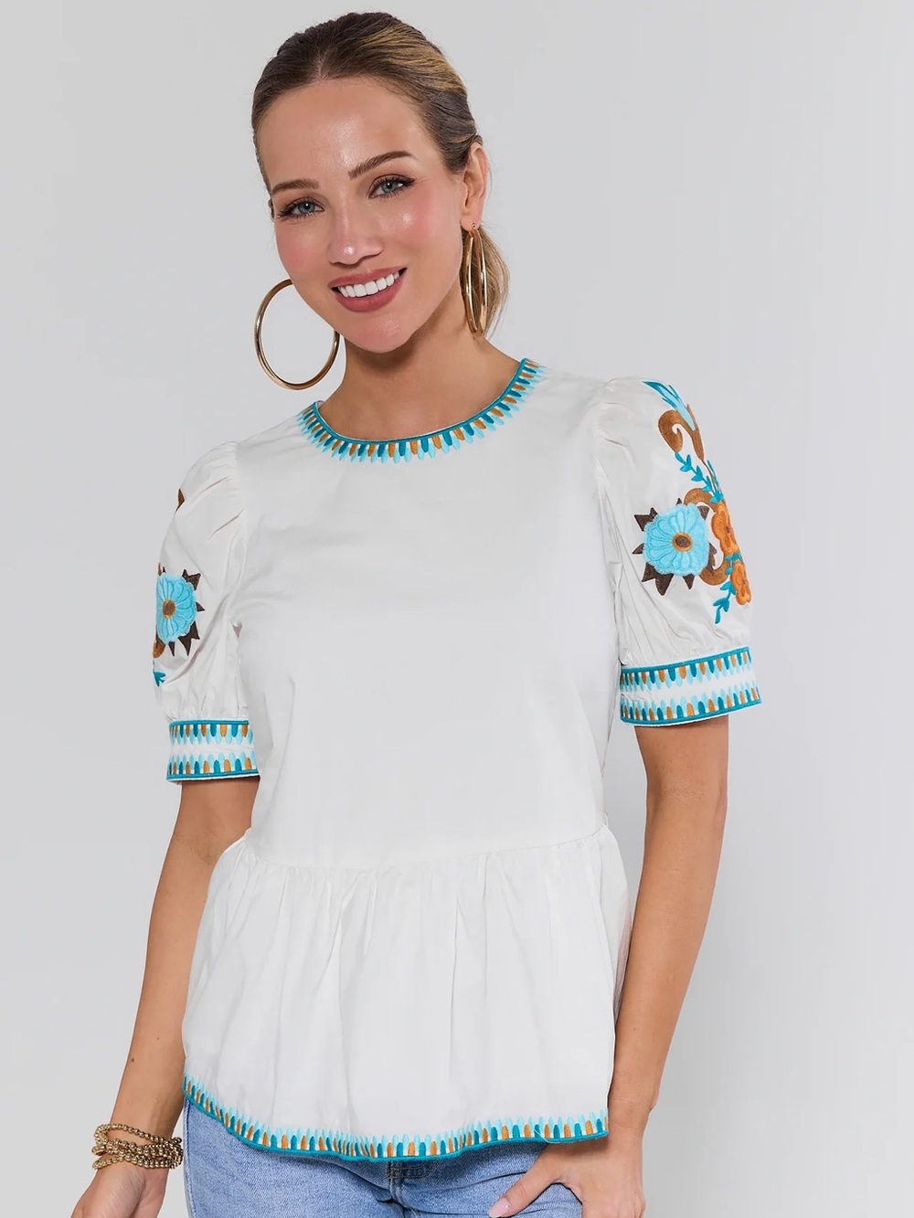 Avara Eileen White Embroidered Peplum Top